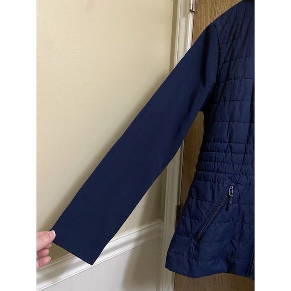 New Balance Quilted Fleece Running Jacket Navy Hooded Zip Side Pockets Sz Small - Picture 4 of 16